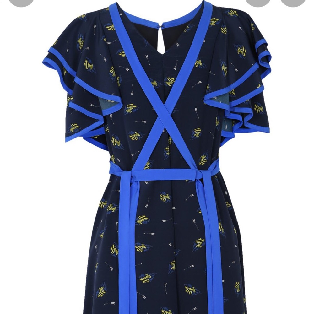 Navy Floral Contrast-Trim Midi Dress Dorothee Schumacher Sz 3 US 6